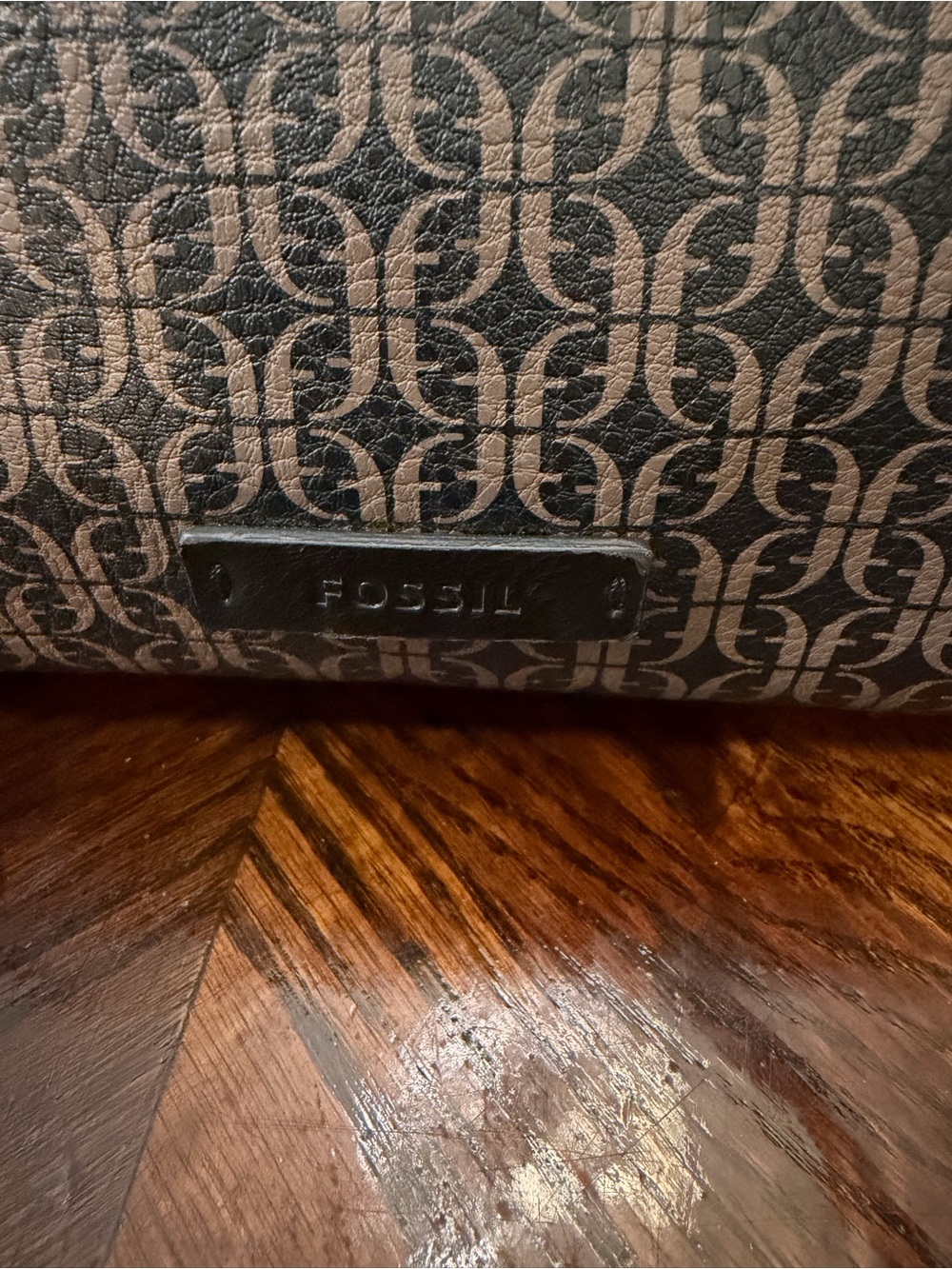 Fossil black & brown monogram logo adjustable strap key charm crossbody purse - Picture 2 of 11